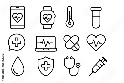 Healthcare and medicine linear icon set. Digital health, wearable technology, and medical symbols. Telemedicine, diagnostics, and online doctor consultation vector icon pack.