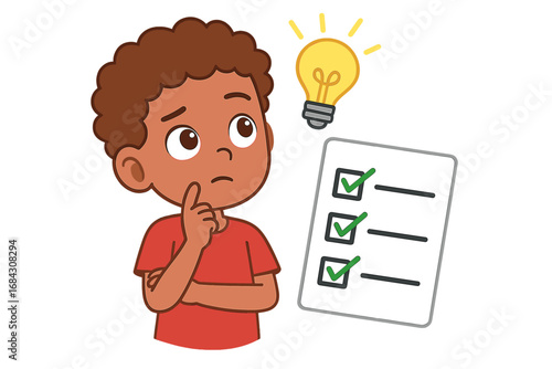 Child thinking, problem solving concept. Boy with light bulb idea and checklist. Creativity, intelligence, and learning. Education and solution finding. Smart kid success.