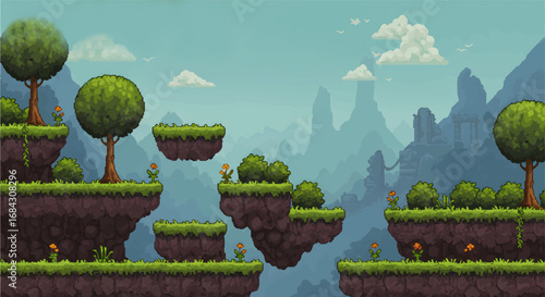 8-bit pixel art retro game level background. 2D platformer video game. side view of a fantasy world with mountains and trees. simple 2D vector graphics.