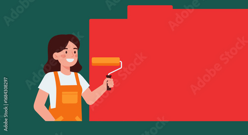 Smiling Woman Painting Wall with Paint Roller.