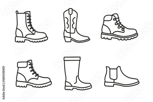 Boot icon collection. Vector outline set of various shoe types. Combat, cowboy, hiking, work, rain, Chelsea boot. Linear footwear graphics for design elements. Line art.