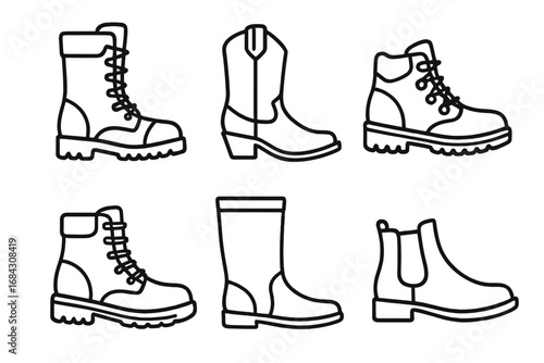 Boot icon set vector collection. Outline line art of different footwear styles. Includes combat boot, cowboy boot, hiking boot, work boot, rain boot, and Chelsea boot. Shoe graphic.