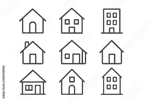 Home building outline icon set. Residential architecture symbols. Real estate property linear pictograms. House collection for web design, app, homepage. Simple shelter vector.