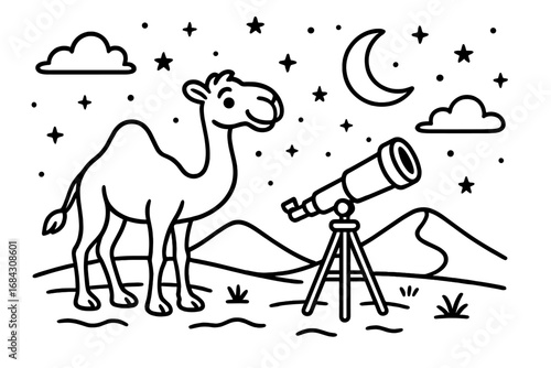 Camel with telescope in desert under starry night sky. Astronomy, stargazing exploration concept. Cute cartoon vector line art illustration for science and nature discovery.