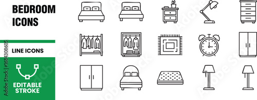 Bedroom line icons set vector illustration collection containing bed, nightstand, lamp, dresser, wardrobe, rug, alarm clock, pillow, floor lamp
