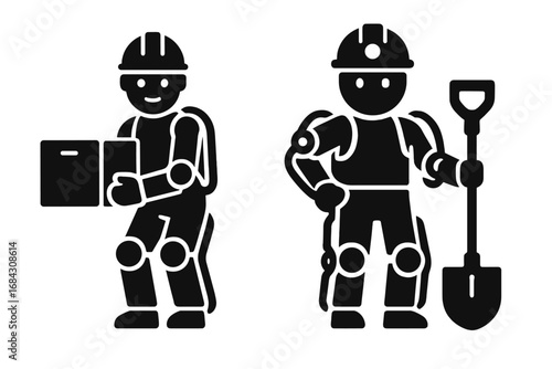 Exoskeleton workers icon set. Warehouse worker with box and construction worker with shovel. Powered armor for lifting. Future of manual labor and logistics vector pictogram.