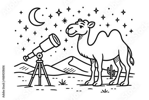 Cute cartoon camel stargazing with a telescope in the desert under a starry night sky with moon. Vector line art concept for astronomy, exploration, and science discovery.