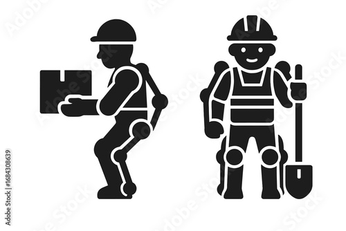 Occupational exoskeleton solid icon set. Warehouse worker lifting heavy box, construction worker with shovel. Future technology for manual labor, bionic suit vector illustration.