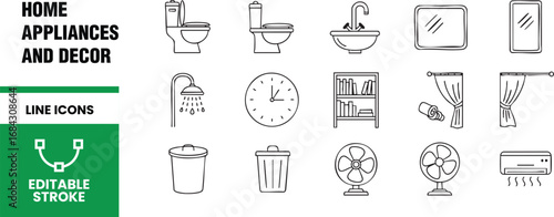 Home appliances and decor line icons set vector illustration collection containing toilet, sink, mirror, shower, clock, shelf, curtain, trash can, fan, air conditioner