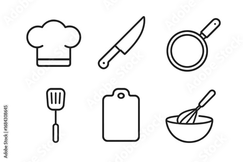 Culinary cooking outline icon set. Vector kitchen utensil symbols. Chef hat, knife, frying pan, spatula, cutting board, whisk, bowl. Gastronomy and food preparation.