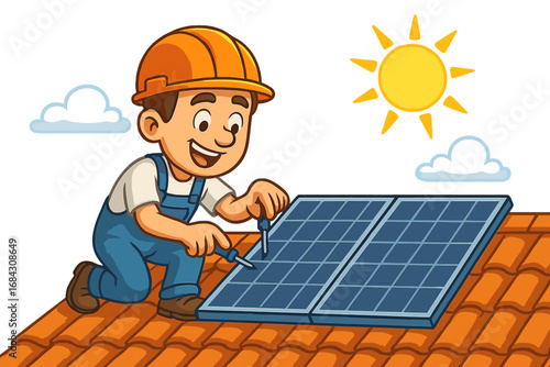Cartoon worker installing solar panels on a house roof. Man in helmet with screwdriver working on photovoltaic cell. Renewable green energy, sustainable technology concept vector.