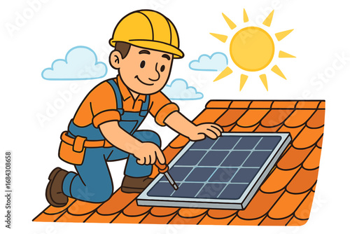 Cartoon worker installing solar panels on a house roof. Man in a hard hat working on renewable energy. Vector illustration of green power, sustainability, and solar technology.