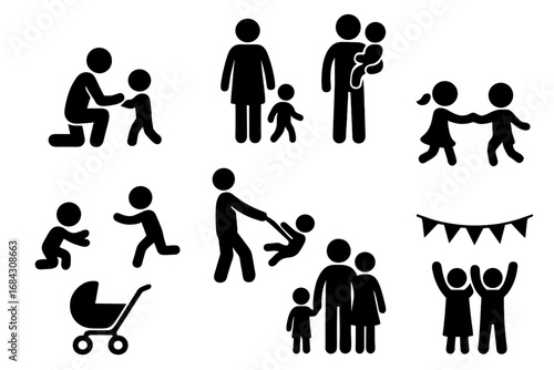 Family activities silhouette icon set. Parenting, kids playing, celebration pictograms. Vector illustration of stick figures: father, mother, baby, children together.