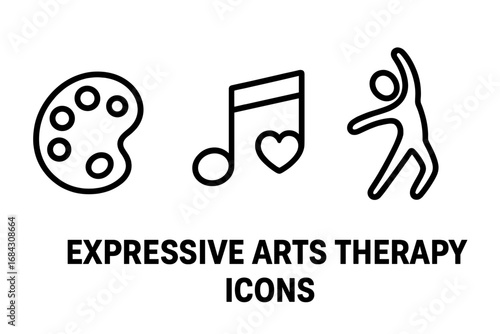 Expressive arts therapy icons set. Vector outline symbols for paint, music, dance. Mental health, psychology, creative healing, and wellbeing concept for art therapy.