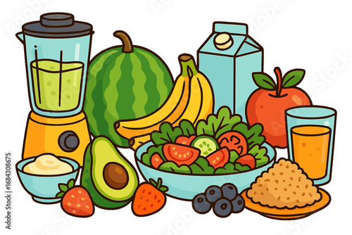 Healthy food collection. Vector cartoon illustration of nutritious meal ingredients. Fresh fruit, vegetables, salad, smoothie. Diet, nutrition, wellness concept. Isolated set.
