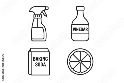 DIY eco cleaner outline icons. Natural ingredients for homemade cleaning. Vinegar, baking soda, lemon, spray bottle. Green, non-toxic, sustainable household solutions concept.