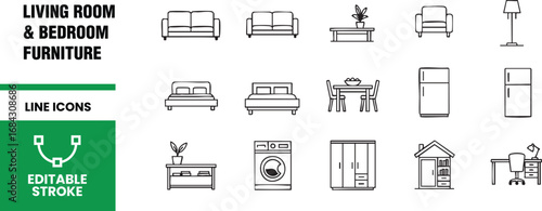 Living room and bedroom furniture line icons set vector illustration collection containing sofa, bed, table, chair, lamp, refrigerator, washing machine, wardrobe