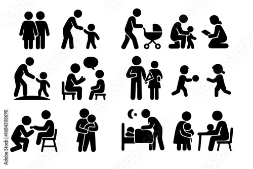 Parenting and family life silhouette icon collection. Childcare, education, and daily routine pictograms. Parent and child relationship, love, support, and development concepts.