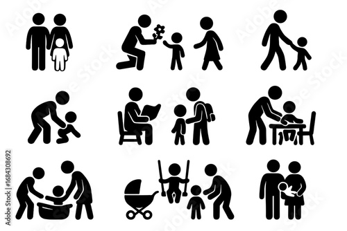 Family parenting silhouette icon set. Childcare, education, daily life pictogram collection. Parents and child activities like walking, reading, playing, learning. Vector.