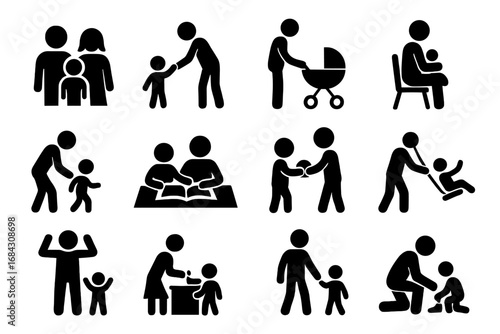 Family parenting silhouette icon set. Childcare, education, daily life icons. Parent and child activities, reading, playing, walking, care. Father, mother, baby pictograms.