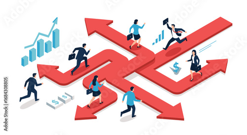 Dynamic business professionals navigate complex paths towards financial success and growth opportunities