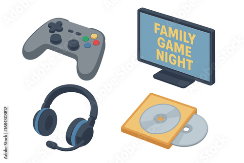 Family game night icon set. Isometric vector illustration of video game console controller, TV screen, gaming headset, and disc. Home entertainment, hobby, leisure concept.