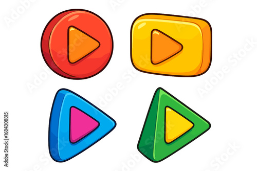 Vector set of colorful 3D play buttons. Glossy cartoon icons in various shapes for game user interface, app, or website. Start, click, and player symbols for multimedia design.