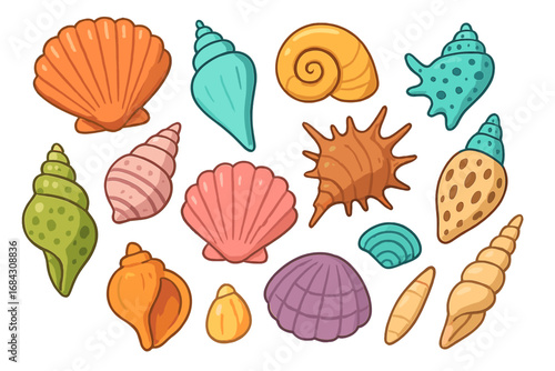 Seashell collection vector set. Cartoon sea shells illustration. Ocean, marine, beach and summer design elements. Conch, clam, scallop icons isolated on white background.