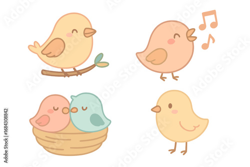 Set of cute bird characters. Kawaii cartoon animal icons. Singing bird with music notes, lovebirds couple in nest, baby chick. Vector illustration in soft pastel colors.