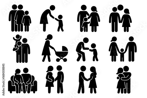 Family silhouette icon set. Stick figure people pictogram collection. Vector symbols for parenting, relationships, household life, parents, couple, child, baby, pregnancy.