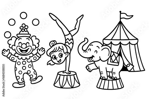 Circus cartoon character set. Black and white outline vector illustration. Cute clown juggling, girl acrobat, and baby elephant. Funfair show and entertainment coloring page.