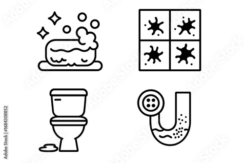 Dirty bathroom cleaning & hygiene outline icon set. Vector icons of soap scum, moldy tiles, stained toilet, clogged drain. Unhygienic household plumbing & cleaning problems.