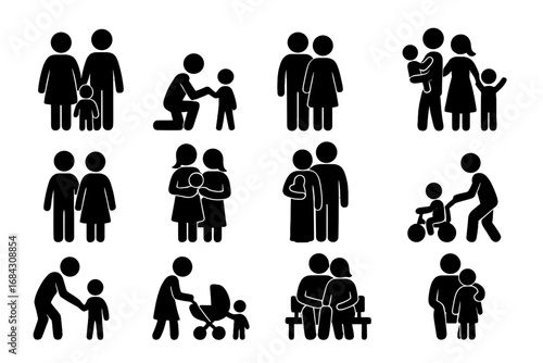 Family silhouette icon set. People pictogram. Stick figure man, woman, child. Couple, gay, lesbian, parents. Parenting, pregnancy, love, relationship. Household collection vector.