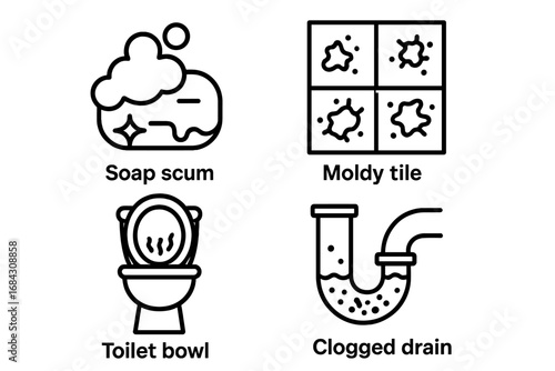 Dirty bathroom outline icon set. Vector symbols for soap scum, moldy tile, stained toilet bowl, and clogged drain. Unhygienic restroom concept for cleaning services.