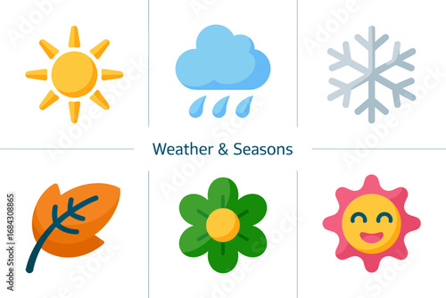 Weather and seasons vector icons, sun cloud rain snow leaf flower smiling sun, seasonal climate illustration set design