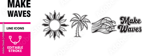 Handdrawn illustration of sun, palm tree, wave and make waves text, capturing the essence of beach vibes and the spirit of surfing in a simple style