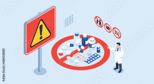 Doctor warns about medication risks with warning signs and prohibition symbols in healthcare concept