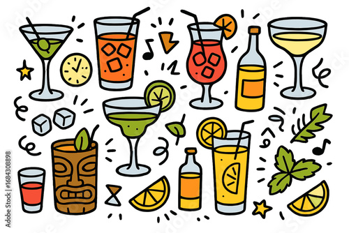 Cocktail party elements doodle icon set for happy hour. Hand-drawn vector cartoon illustrations for bar menu or drink recipes. Margarita, martini, tiki mug and summer drinks.