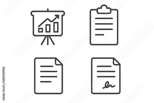 Business documents line icon set. Vector collection of presentation graph, analytics report, clipboard checklist, and signed contract. For website, app, and workflow design.