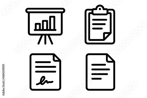 Business report and data analysis vector line icon pack. Icons for presentation with growth chart, clipboard checklist, signed contract agreement, and document file for web.