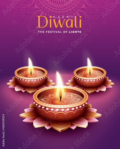 Happy Diwali festival with oil lamp, Rangoli decoration with Diya, Diwali holiday Background with rangoli, Diwali celebration greeting card,vector.