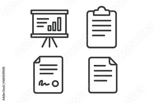 Business documents line icon set. Office work icons. Presentation chart, data report, clipboard form, signed contract. Vector file symbols for web, apps, ui, ux design.