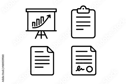 Business documents outline icon set. Vector icons of presentation board with growth chart, clipboard report, signed contract, and legal agreement. For web design, apps, UI, UX.