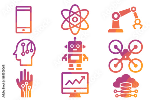 Modern technology gradient icon set. Vector of robotics, artificial intelligence, data science, automation, drone, cloud database, bionic hand, and smartphone symbol.
