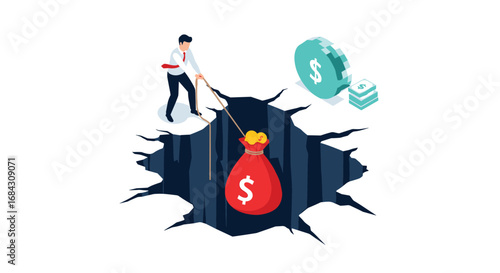 Determined businessman pulls money bag from deep financial crisis pit