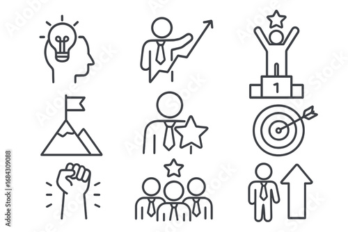 Leadership and success icon set. Line icons for motivation, achievement, and goals. Vector symbols for teamwork, career growth, winner, strategy, and business development.
