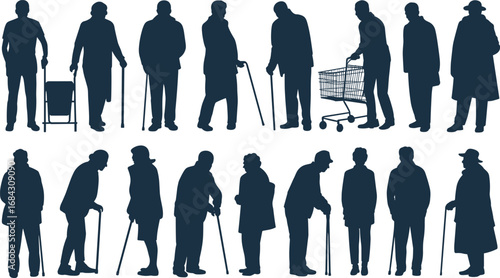 Silhouettes of Elderly People with Walking Canes, Senior Citizens Standing and Walking, Aging Population Concept, Old Age Support, Mobility Assistance, Healthcare Theme