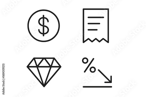 Finance and commerce line icon set. Dollar, receipt, diamond, and percent down concepts. Vector icons for business, shopping, sales, investment, and economy.