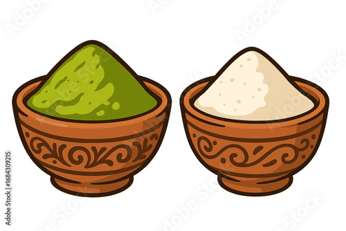 Green matcha tea and white flour powder in decorative ceramic bowls. Culinary ingredients for cooking and baking. Healthy organic food concept. Asian Japanese tea ceremony vector.