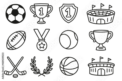 Sports doodle icon set. Vector cartoon illustration of tournament symbols. Winner trophy, first place medal, champion shield, stadium, laurel wreath, and sport ball collection.